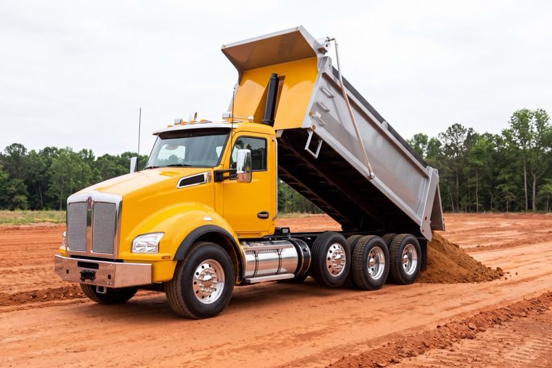 Modern yellow tri-axle dump truck with its bed raised and tailgate open, unloading fill dirt on a graded haul road