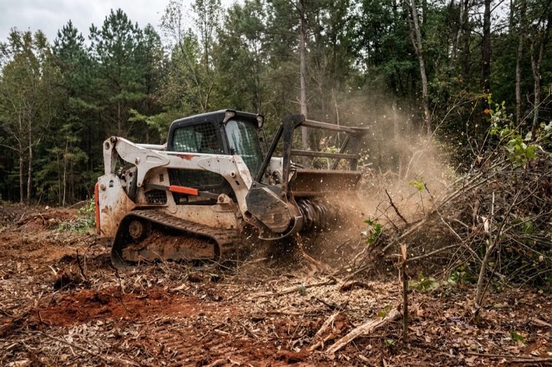 Compact track loader fitted with a forestry mulching head mid-cut