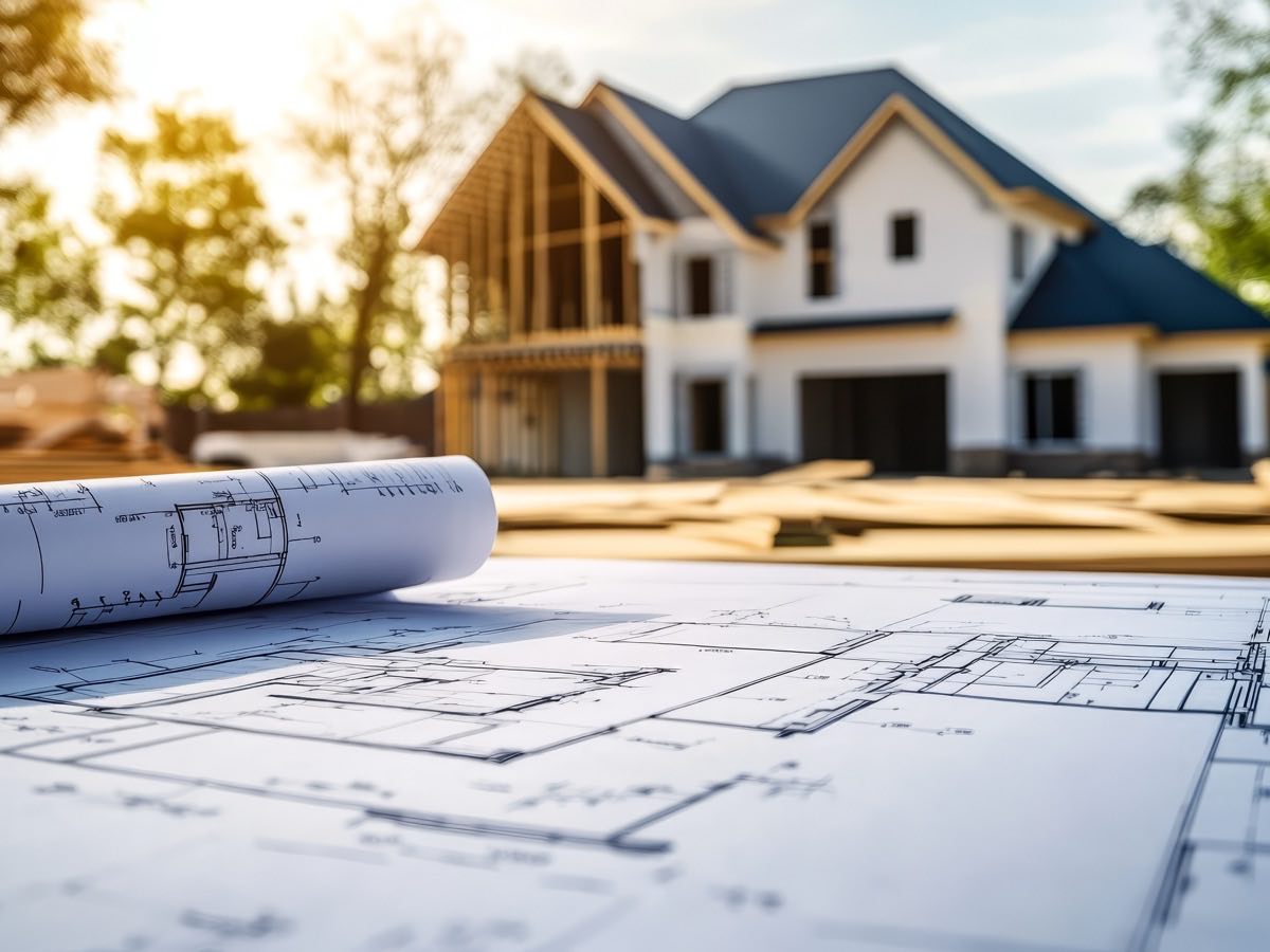 Rolled site plans on a table in front of a house under construction