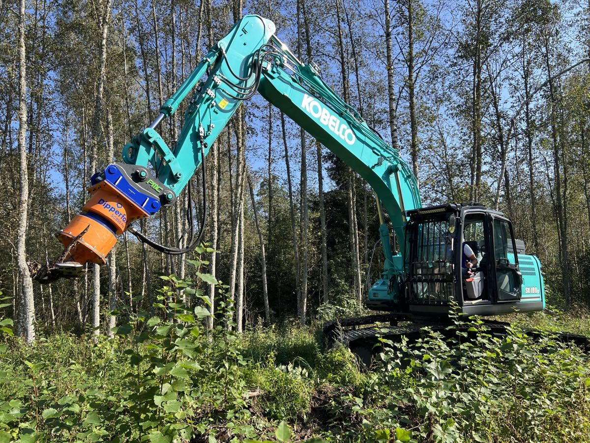 Skid steer with a forestry mulching head grinding underbrush into wood chips