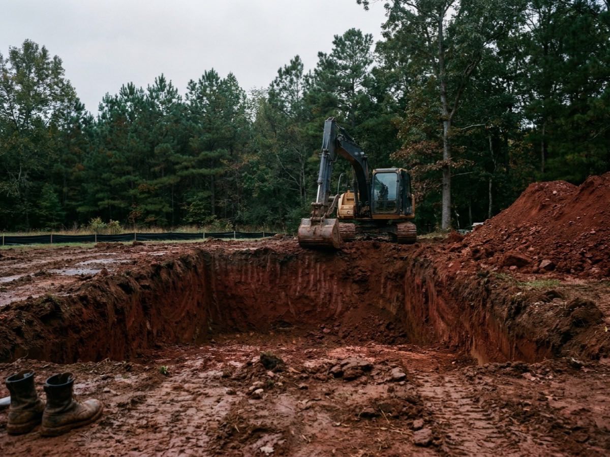 Excavator digging a swimming pool cavity in a residential back yard