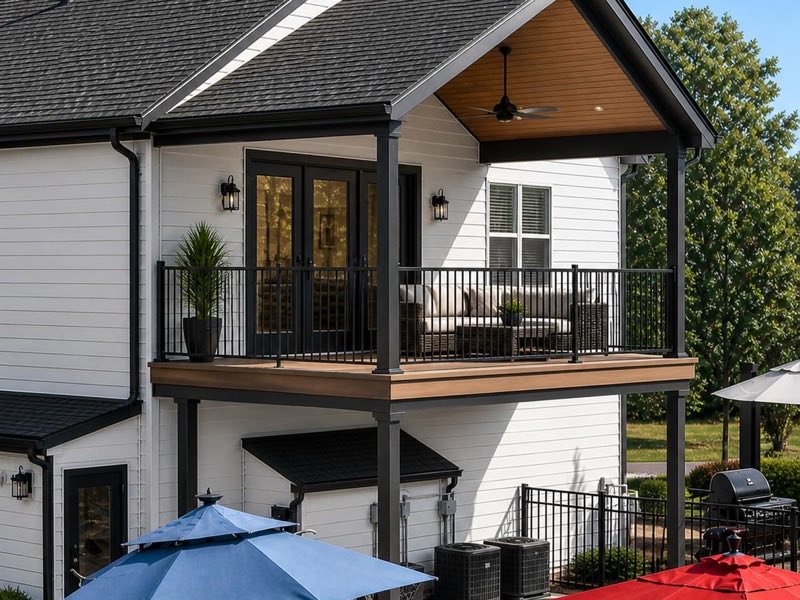 Two-storey covered deck and porch overlooking a swimming pool